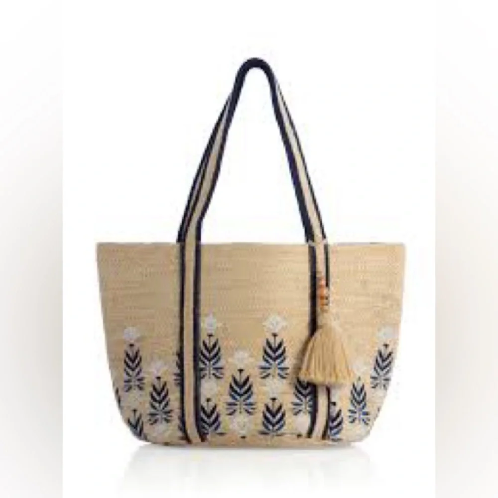 NEW Shiraleah Fiorella Natural Woven Jute Large Tote Bag Painted Floral Pattern